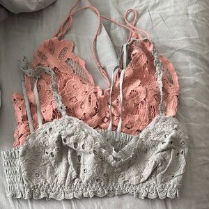 2 FP Movement by Free People Lace Bralette Set in Coral and Light Gray